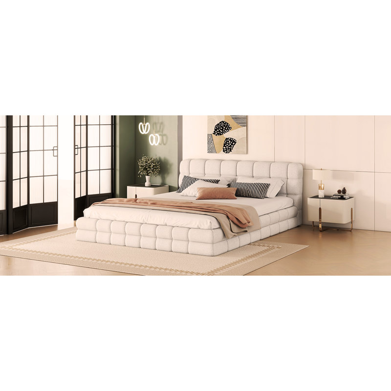 Lit plateforme tapissier Osuma, Blanc, Lit double