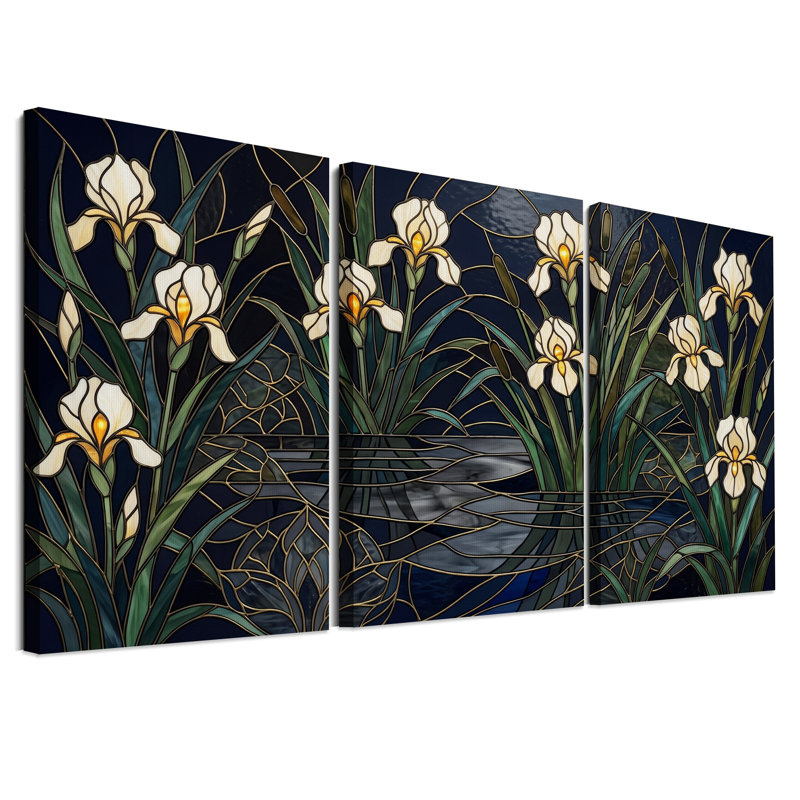 Ensemble de 3 tableaux sur toile représentant des iris blancs et des quenouilles, inspirés des vitraux., 18"H x 12"W x 3pcs