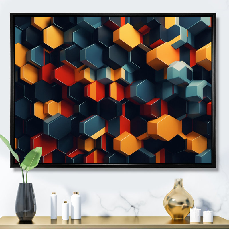 «Orange and Blue Geometric Abstractions I», reproduction d'art sur toile, H 30 po x l 40 po x P 1,5 po, Cadre flottant noir