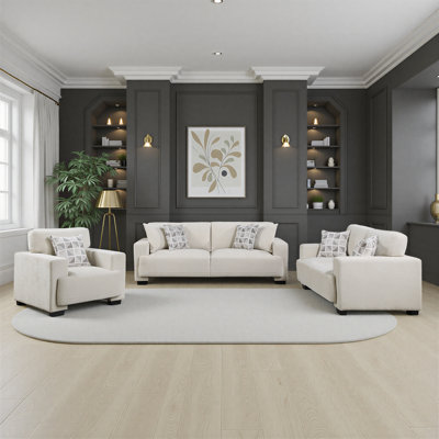 Kismet Modern  Contemporary Chenille 3-Piece Living Room Set with Pocket Coil Support and Coordinating Decor Pillows