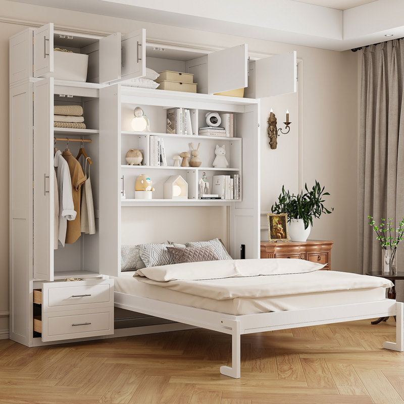 Wall Murphy Bed With Top Cabinet,Shelves  And  Wardrobe, Space Saving Foldable Bed