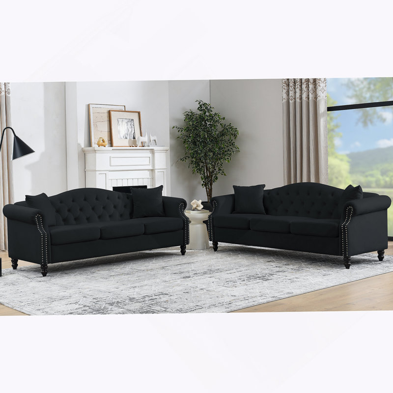 Canapé Chesterfield 79 po en velours noir pour salon, canapé 3 places