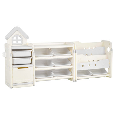 Rangement de jouets avec bibliothèque, organisateur de rangement de jouets à 4 niveaux avec 10 bacs en plastique mobiles, armoire à casiers avec bibliothèque pour salle d'étude, chambre à coucher, salle de jeux, salle de classe, chambre de bébé