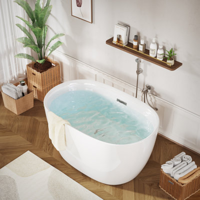 Baignoire de trempage en acrylique autoportante de 47 po x 28 po en blanc brillant, baignoire autoportante de forme ovale avec trop-plein chromé et bonde escamotable certifiée CUPC