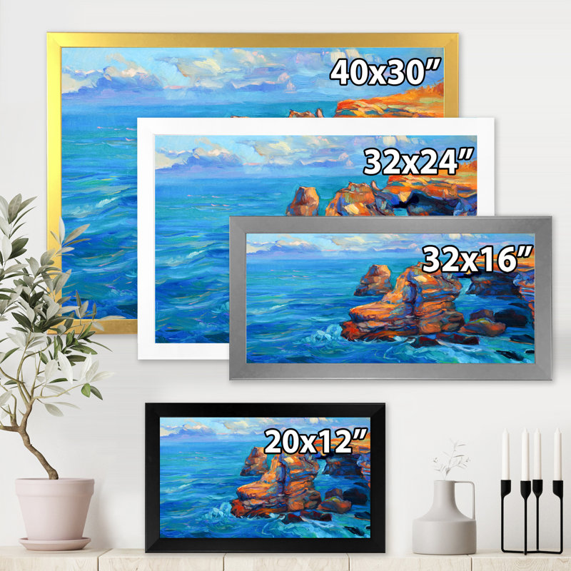 Falaises de l'océan bleu - Peinture sur toile, Cadre doré, H 12 po x l 20 po x p 1 po