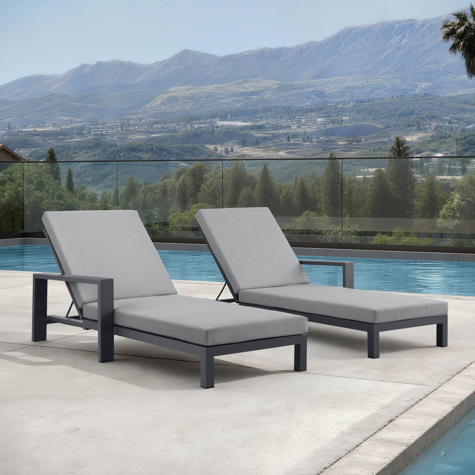 Hoyt Outdoor Metal Double Chaise Lounge, Flint Gray Cushion/Slate Black Frame