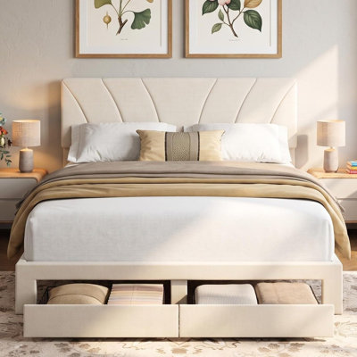 King Velvet Platform Bed with 2 Drawers, Adjustable Headboard, Beige | Wooden Slat Mattress Support, Anti-Squeak Reinforced Frame, 800 Lbs Load Capacity, Fits 6–12 Inch Mattresses
