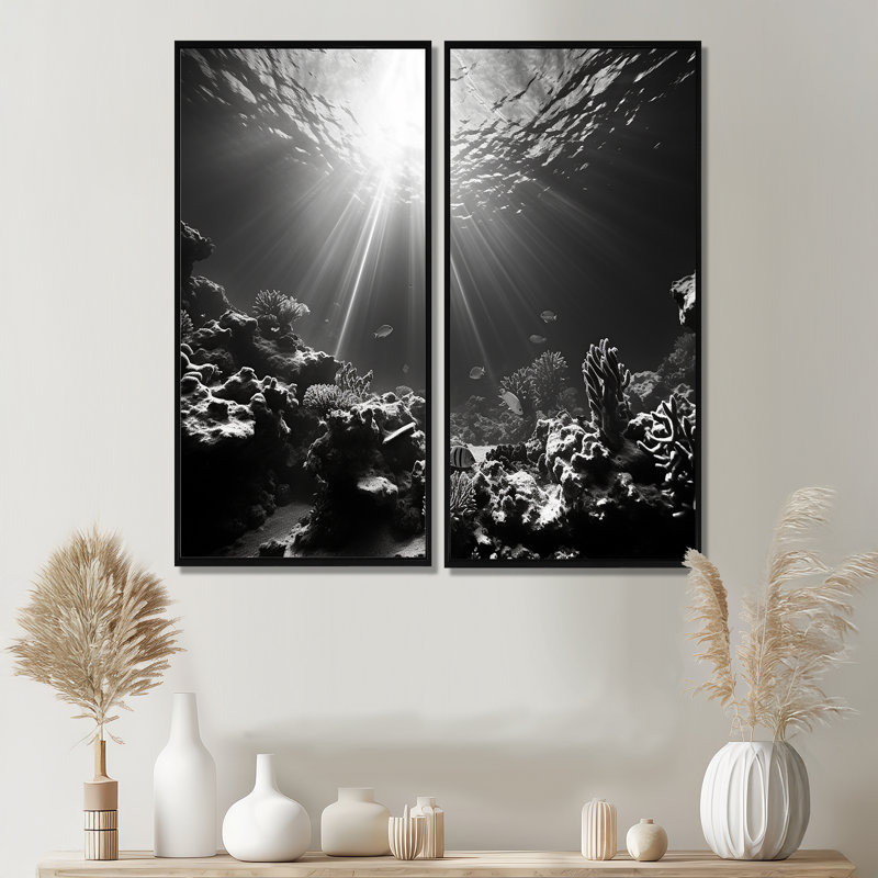 Photo sous-marine corail noir et blanc - décoration murale bord de mer bleu, H 32 po x l 32 po, Impression encadrée flottante