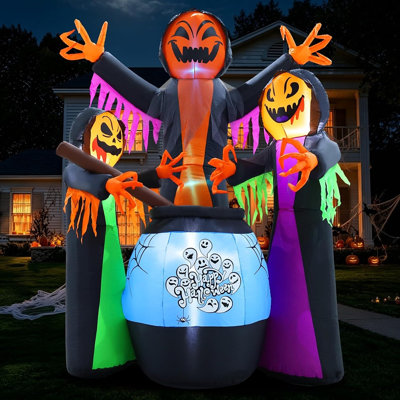 Halloween Pumpkin Witch Trio Inflatable with Cauldron, Spooky Blow-Up Yard Decoration for Lawn, Garden, Porch and Halloween Parties