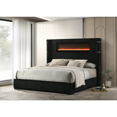 Lit en velours côtelé noir et gris avec foyer, DEL, lampe de lecture, haut-parleur, Bluetooth et USB