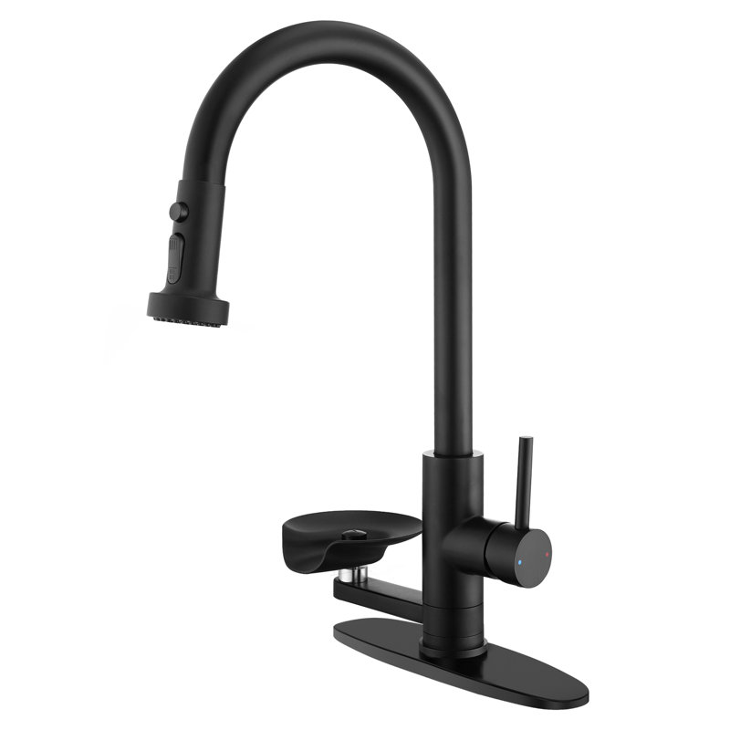 Robinet de cuisine rétractable à un trou à poignée simple avec plaque de base Topcraft, Noir mat