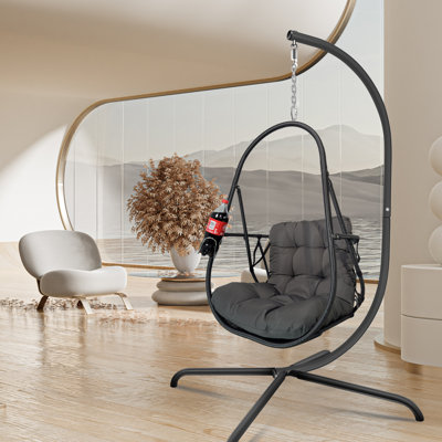 Fauteuil pivotant avec support de type C en osier avec support et coussin, chaise suspendue pliante en osier pour l'extérieur