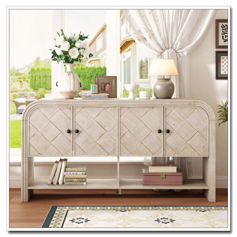 console avec lattes en bois tissé, Beige+Brown