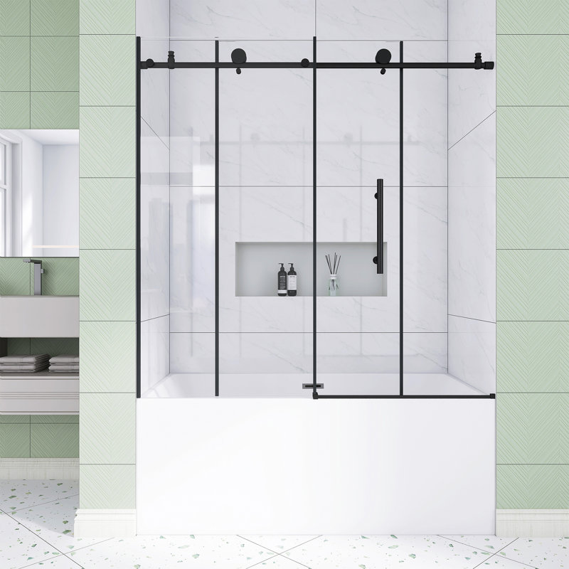 56-60 In. W × 60 In. H Frameless Shower  With 1/4" Tempered Glass In Matt Black |  Explosion Proof Film |   Stainless Steel Handle