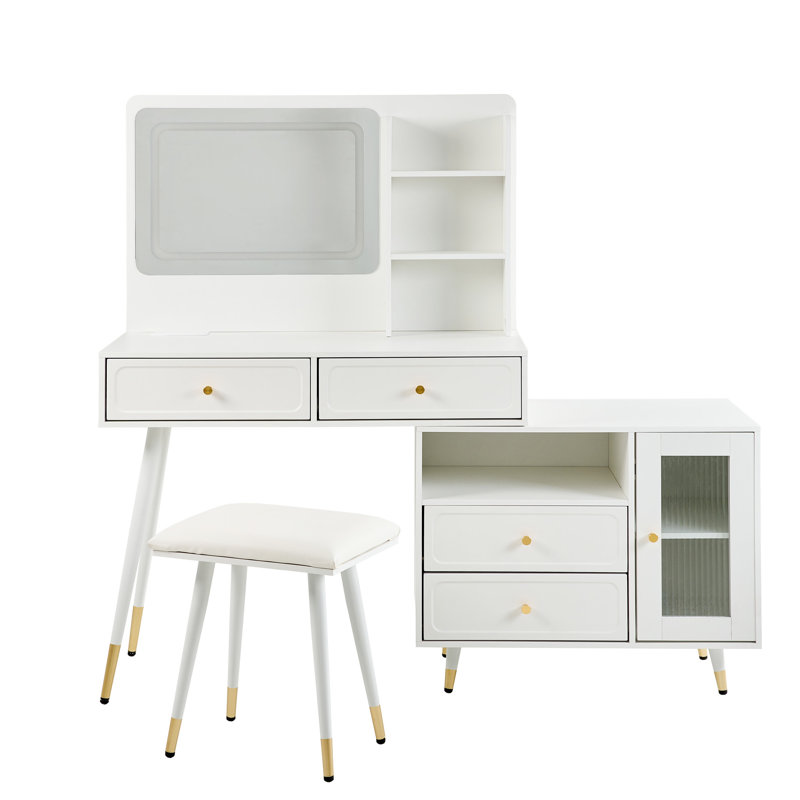 Bedroom Makeup Desk In White With 3 - Color Lighting Modes, Retractable Side Cabinet, Drawer Dividers, And Built Charging Table Adjustable Mirror, Interchangeable Compartments, Power Outlet