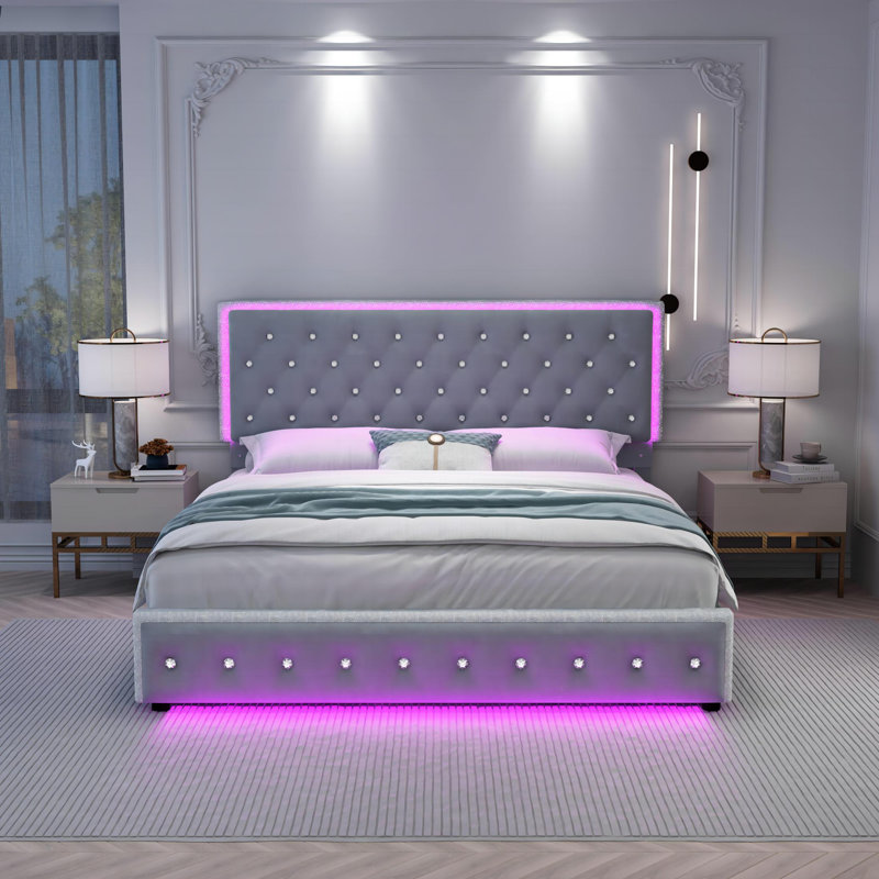 Kendrall Upholstered Platform LED Bed Frame with 2 Storage Drawers, Full, Gray