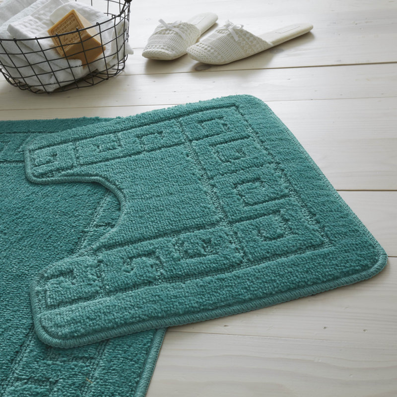 2 Piece Bathroom Rug Set Greek Key Pattern Bath Mat & Pedestal Mat Non Slip Rubber Back Soft Absorbent Mats, Teal
