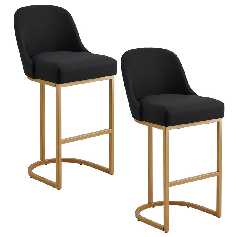 Tabouret de baril avec siège en lin et base en métal, Lin noir / cadre doré, 2