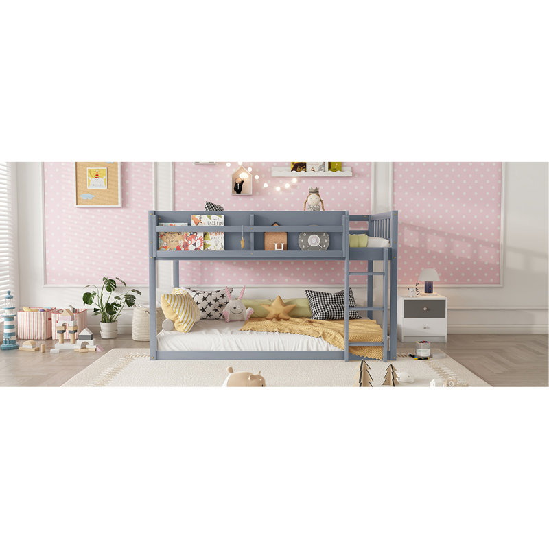 Lit superposé bas simple au-dessus de simple, lit superposé au sol avec échelle, lit superposé simple en bois massif pour enfants et adolescents, gris