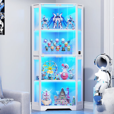 Corner Display Cabinet with Glass Doors, 65" Lighted Curio Display Case with 3 Color Lights for Collectibles, 4-Tier Bookcase with Human Body Sensor f by Wrought Studio