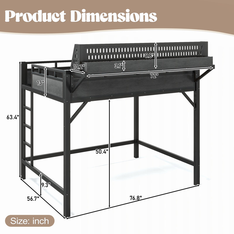 Lit mezzanine en métal avec tablettes de rangement, panneau perforé, lumières USB et DEL, Black, Double