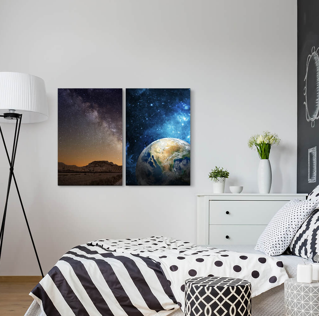 2-tlg. Leinwandbilder-Set - Grafikdruck „Earth Planet Universe Cosmos Stars Mother Earth”