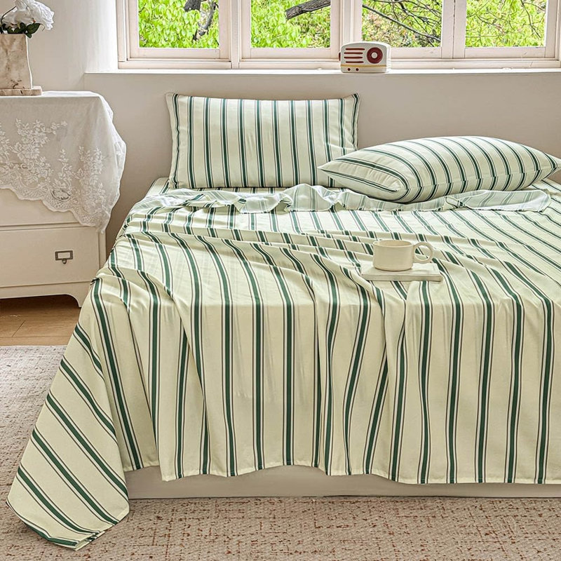 Draps en percale rayée, draps de lit en microfibre douce prélavée à fines rayures, ensemble de draps de style ferme avec poches profondes