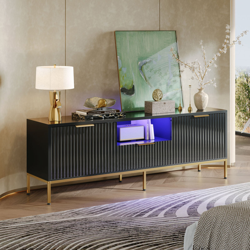 Fluted TV Stand, Glossy Media Console with Wave Pattern Buffet Cabinet, Black, 54cm H x 140cm W x 35cm D