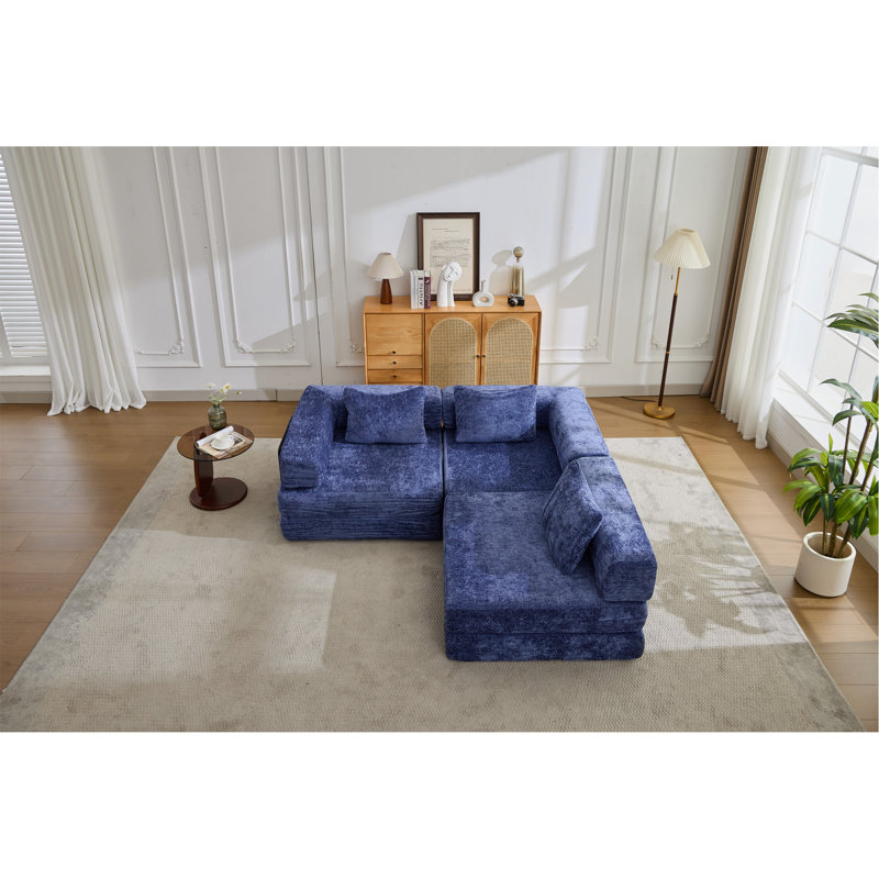 Canapé à compression, canapé-lit de plancher convertible à structure fixe, canapé modulaire désossé modulaire, sans assemblage requis, tissu chenille, pour chambre de salon, bleu foncé