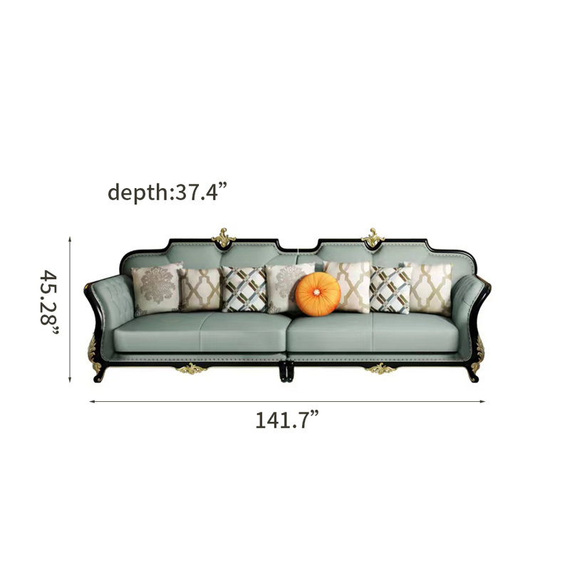Cowhide European Villa Solid Wood Oak Sofa 141.7'' Leather Sofa, Green Genuine Leather