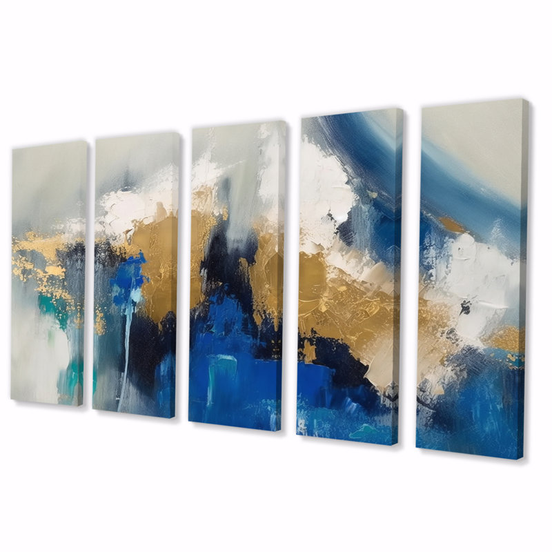 Ethereal sachant bleu royal et or - art abstrait mural salon - 5 panneaux égaux