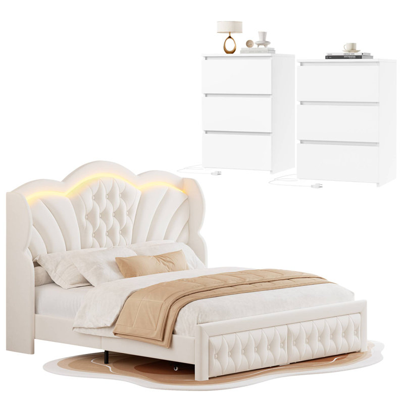 ON SALE 3-Piece Bedroom Sets, Velvet Upholstered Wingback Bed With LED Headboard And Storage Drawers, 2 3-Drawer Nightstands With Charging Port