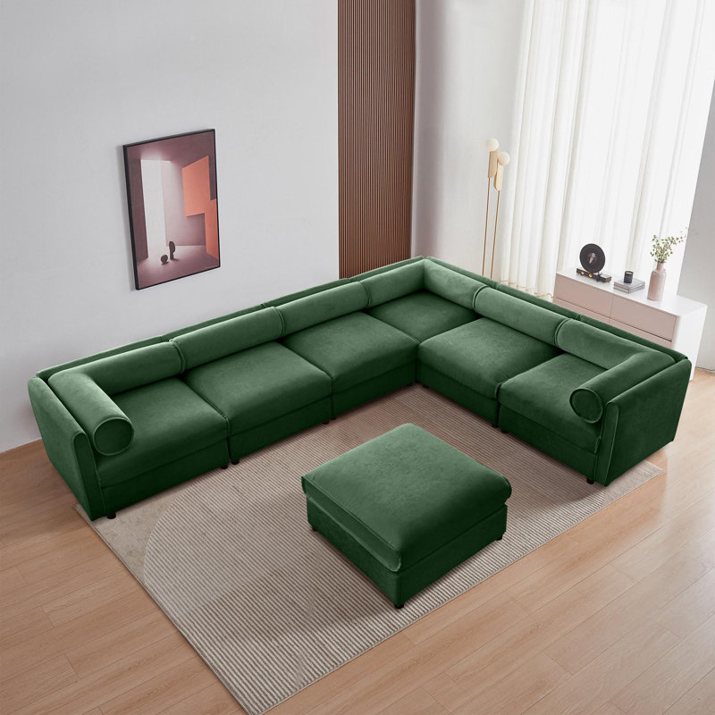 Solstice 142.5" 7-Piece Corner Sectional Chenille Sofa With Movable Ottoman, Green Chenille