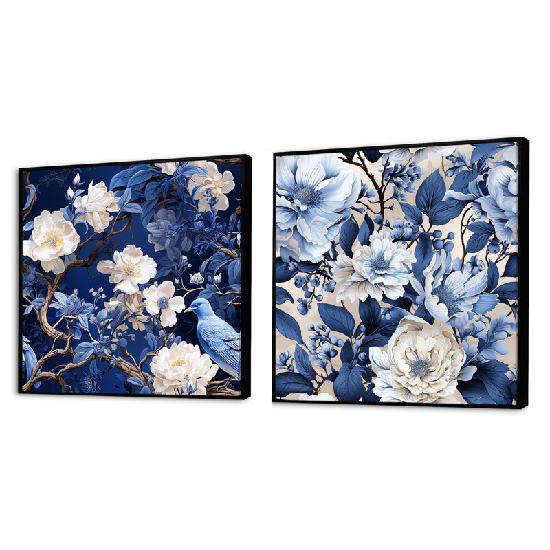 Motif victorien bleu de cobalt II - ensemble de 2 collages carrés floraux, Cadre flottant noir, H 16 po x l 33 po