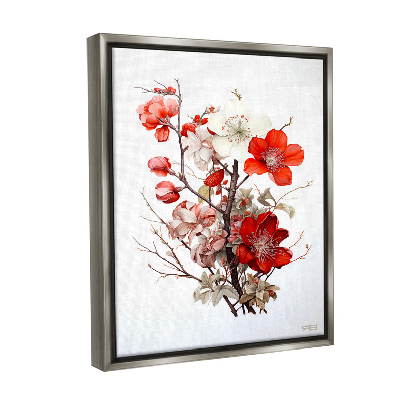 "Red Flower Branches" par RB sur toile, Cadre flottant gris lustré, H 21 po x l 17 po