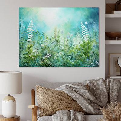 Fougères dans un champ de fleurs sauvages sur toile