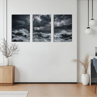 Ensemble de 3 tableaux sur toile « Vagues océaniques déchaînées et éclairs »