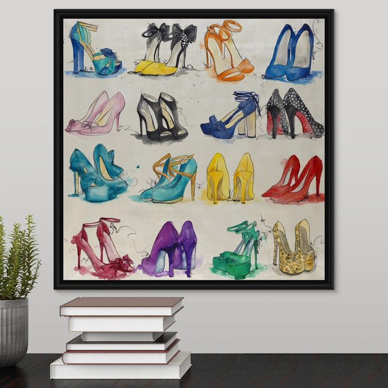 « placard of chaussures », peinture sur toile, H 17,7 po x l 17,7 po x P 1,75 po, Cadre flottant noir