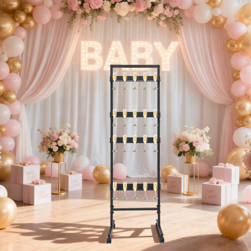 Champagne Glass Holder For Party, 4-Tier Metal Champagne Flutes Display Stand, Champagne Glass Holder With Wheels, Black