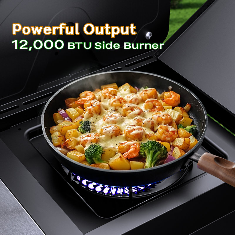 Brand-Man Natural Gas Convertible 5-Burner BBQ Island Outdoor Grill | 52,000 BTUs Propane Gas Grill with Cast Iron Grates & Griddle, 669 Sq.In Cooking Space, Side Burner + Foldable Prep Table & Cabinets, Weather-Resistant Stainless Steel Outdoor Kitchen