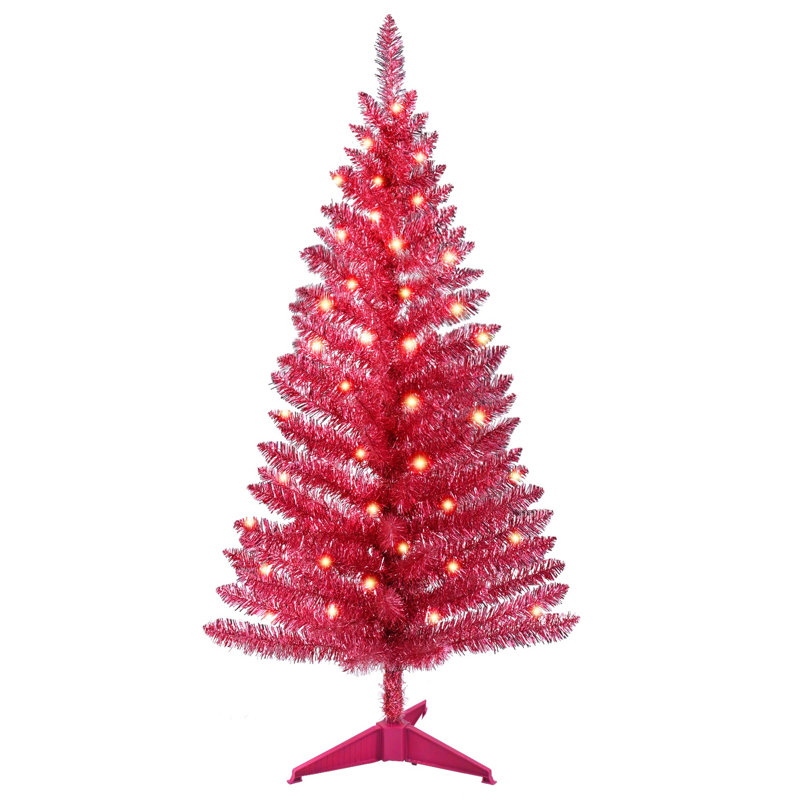 Arbre de Noël doré 4 pi avec 50 lumières UL et 122 pointes en PVC - Arbre de Noël artificiel pré-éclairé pour la décoration intérieure, petit espace, plateau de table, appartement ou bureau, rouge