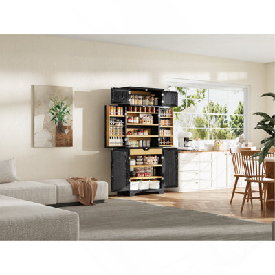 Armoire de cuisine de style champêtre de 199 cm de haut avec casier à vin, 8 étagères et tiroir caché, noir frêne