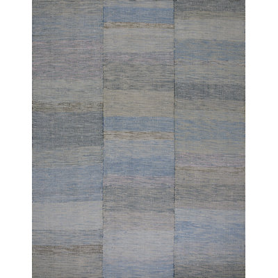 Tapis bleu / gris en laine noué à la main de conception unique 9 pi x 12 pi