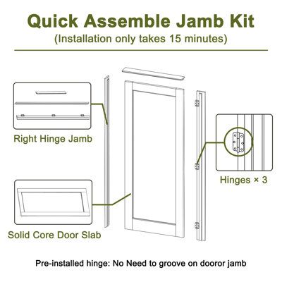 80''H Prehung Door Hardware Kit / Trimmable Jamb,Hinges,Right Hand