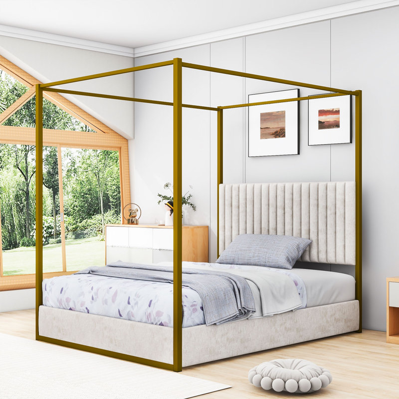 Emenie Queen Size Metal Canopy Platform Bed with Twin Size Trundle and 3 Drawers, Beige incorrect