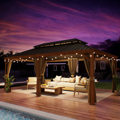 12x20ft.Hardtop Aluminum Gazebo with Galvanized Steel Double Roof, Mosquito Netting, Privacy Curtains & Ceiling Hooks – Wood Grain Outdoor Gazebo for Patio, Deck & Backyard