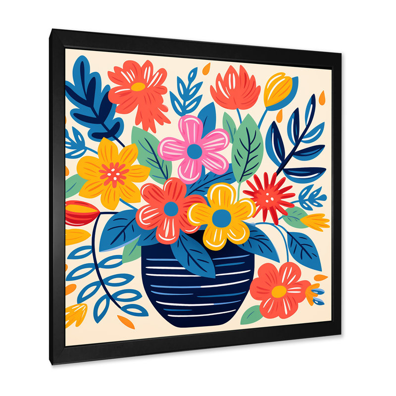Vase bohémien jaune et bleu en poterie Blooms III - Boho Pottery, art mural, Cadre simple noir, H 36 po x l 36 po x P 1,5 po