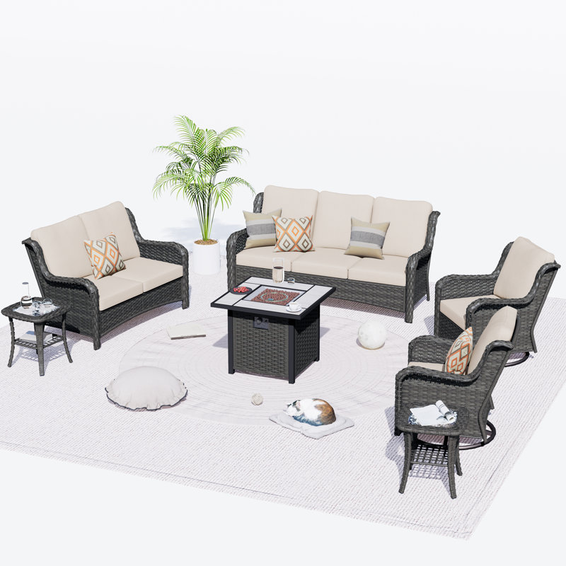 Ensemble de conversation d'extérieur pour 7 personnes avec coussins, Beige, Brun