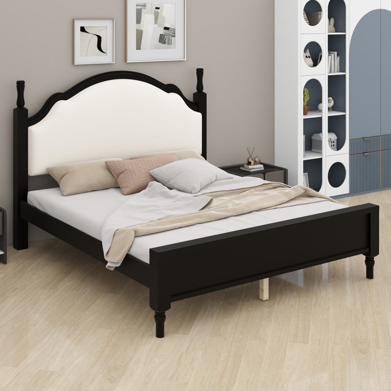 Lit plateforme avec tête de lit tapissier pour chambre à coucher, Structure noire + tissu beige