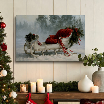 Tableau vintage rustique de Noël avec traîneau et pin enneigé, impression sur toile 40 x 30 cm - Décoration de salon